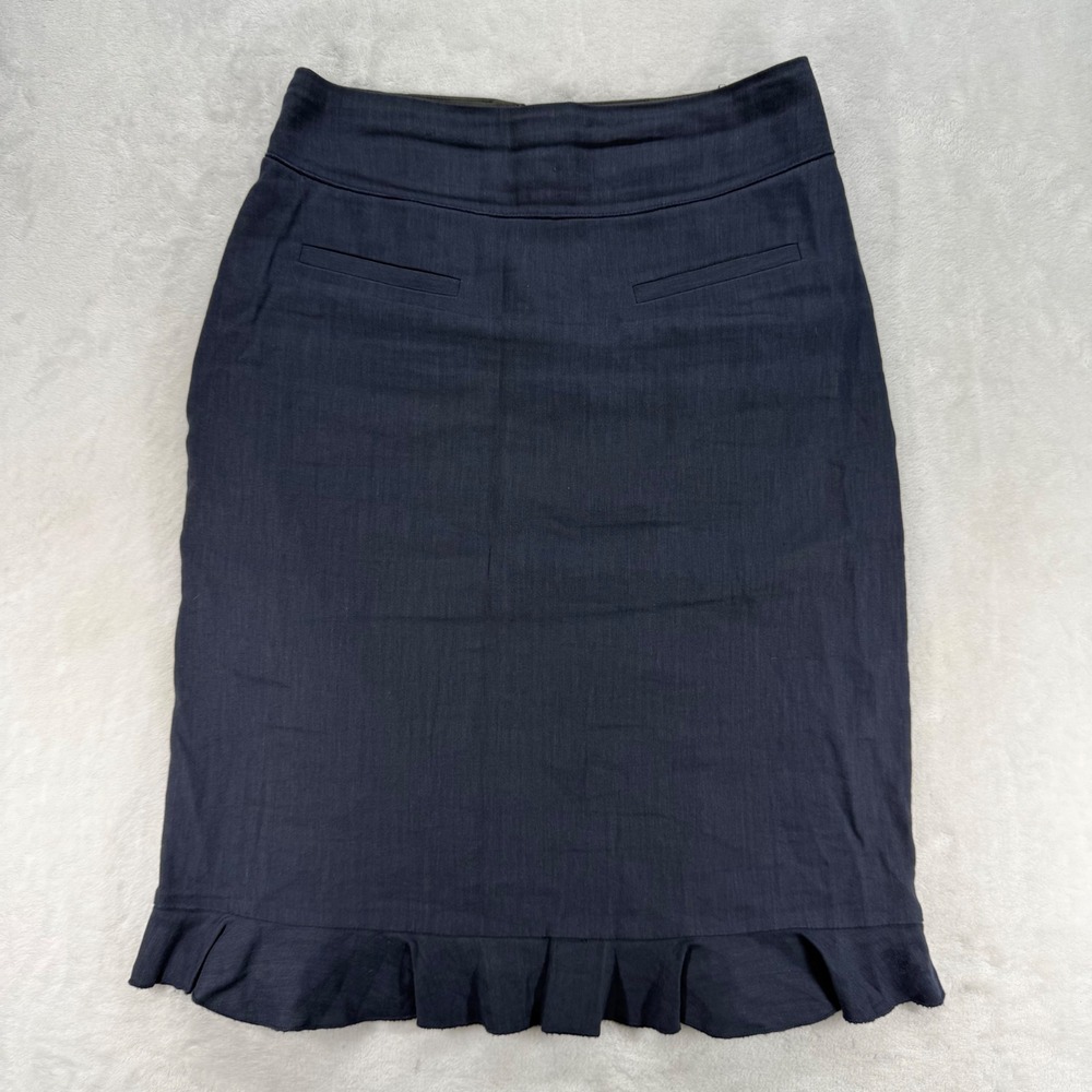 Rebecca Taylor Pencil Skirt Ruffle Hem Linen Blend Career Blue‎ Size 4